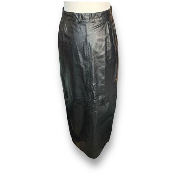 Vintage 90s Midi Pencil Skirt Black Leather High Waisted Tailored Snap Button - Picture 10 of 10